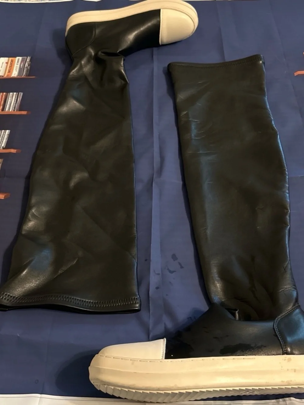 Black Over-the-Knee Boots with Cream Cap Toe
